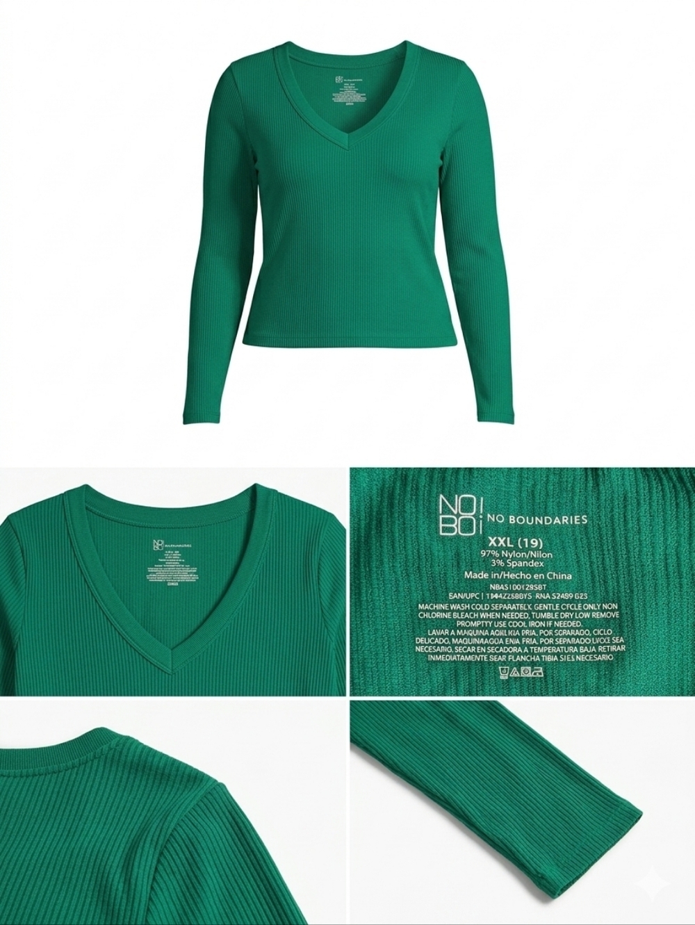 No Boundaries Women's Emerald Green Ribbed V-Neck Sweater
